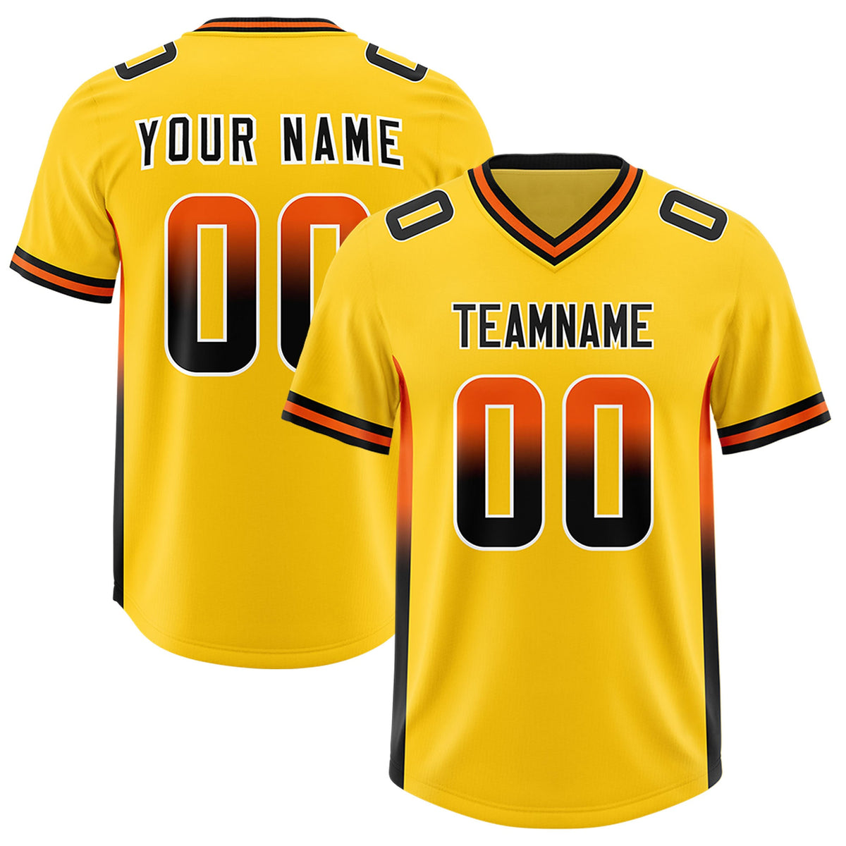 Custom Gold Orange and Black Sides Gradient Fashion Personalized Team Football Jersey