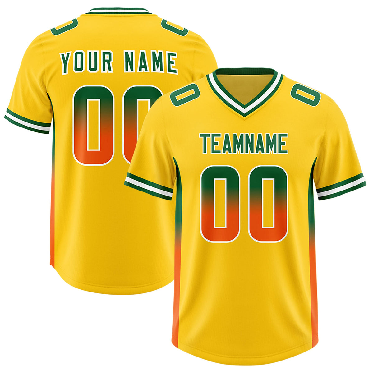 Custom Gold Kelly Green and Orange Sides Gradient Fashion Personalized Team Football Jersey