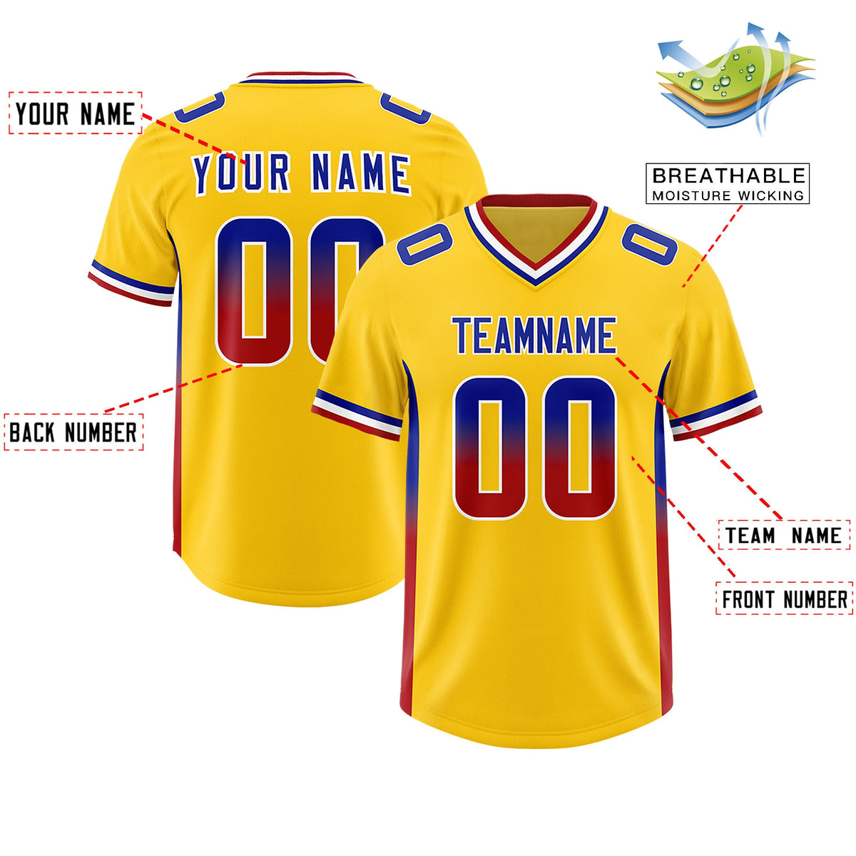 Custom Gold Royal and Red Sides Gradient Fashion Personalized Team Football Jersey