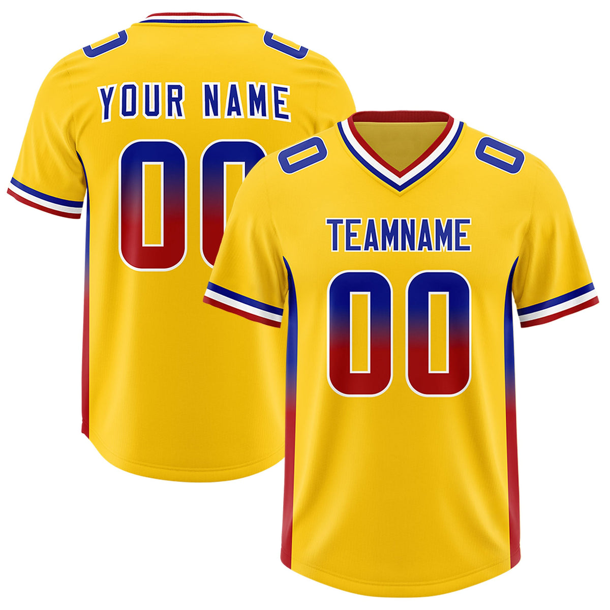 Custom Gold Royal and Red Sides Gradient Fashion Personalized Team Football Jersey