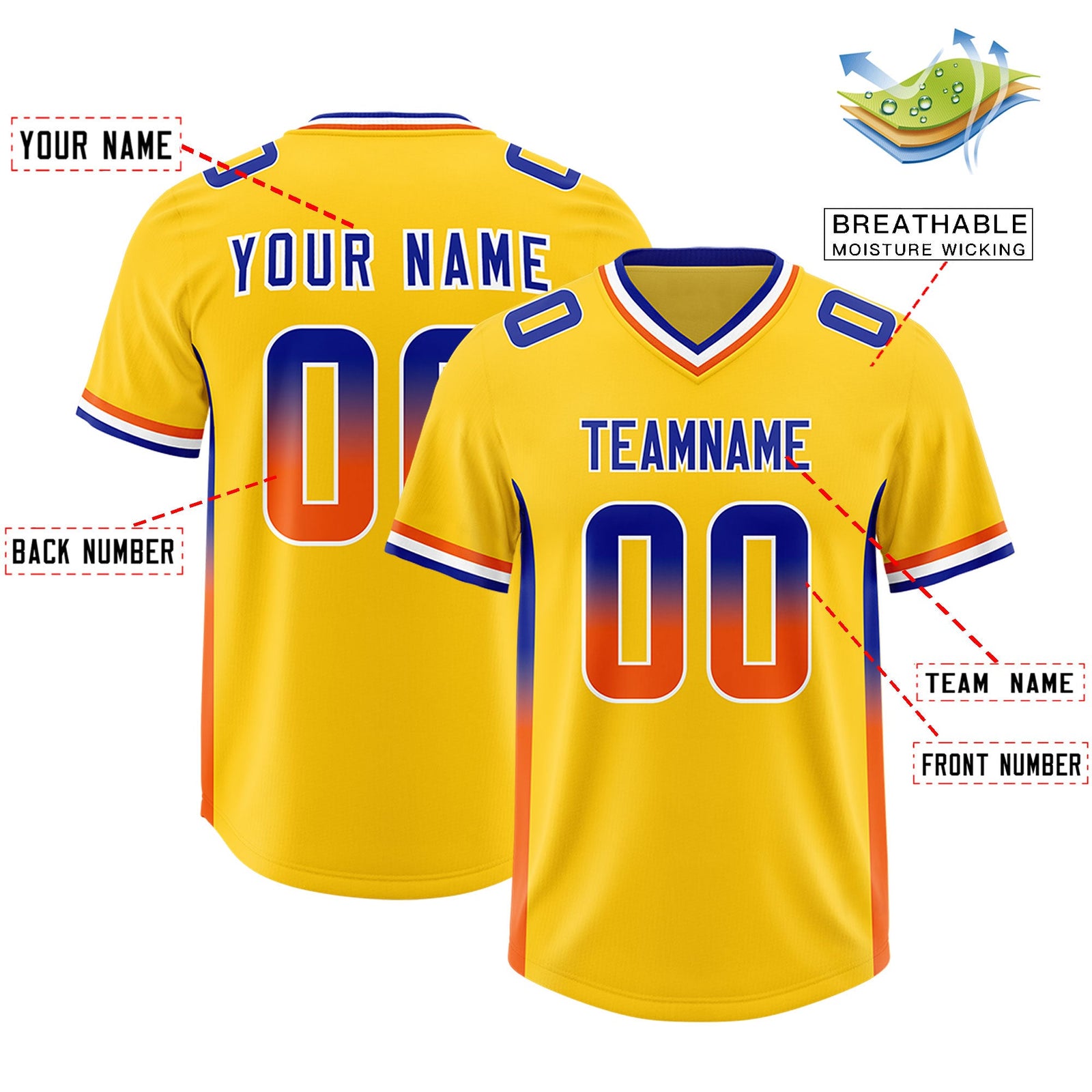 Custom Gold Royal and Orange Sides Gradient Fashion Personalized Team Football Jersey