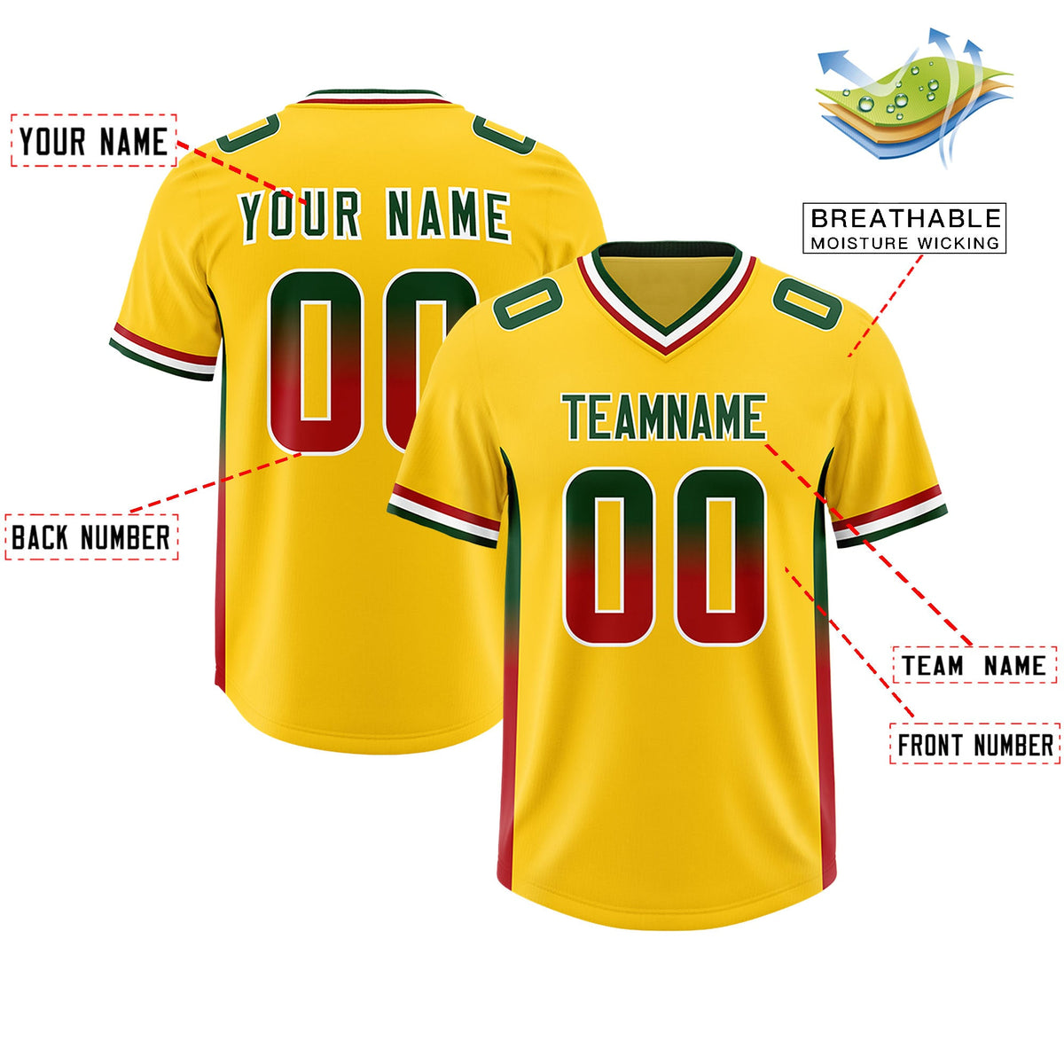Custom Gold Green and Red Sides Gradient Fashion Personalized Team Football Jersey