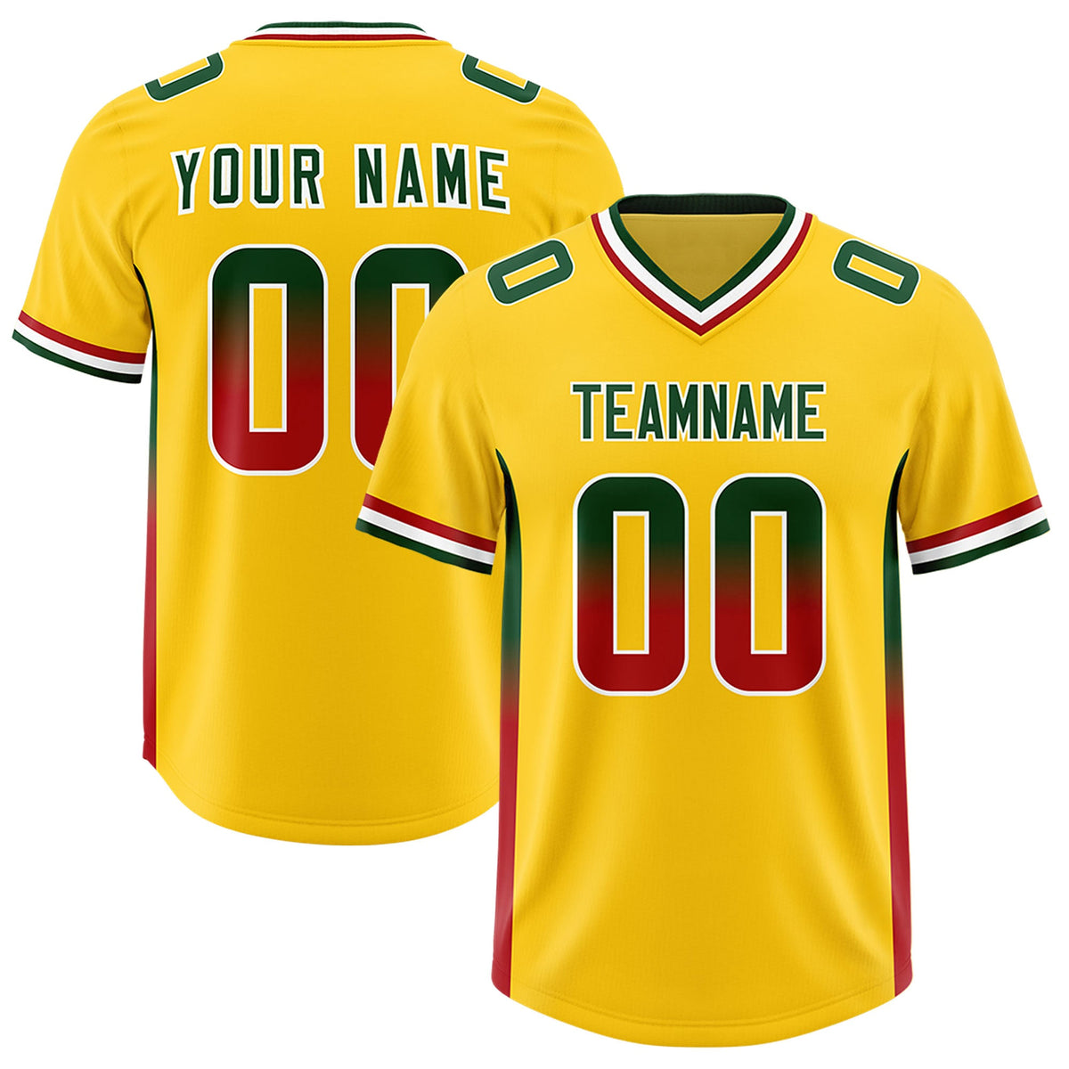 Custom Gold Green and Red Sides Gradient Fashion Personalized Team Football Jersey