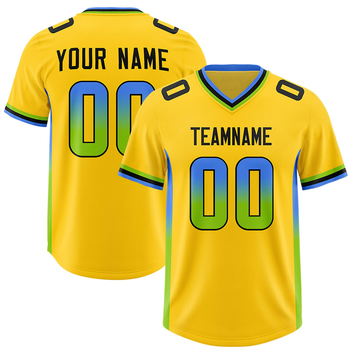 Custom Gold Powder Blue and Neon Green Sides Gradient Fashion Personalized Team Football Jersey
