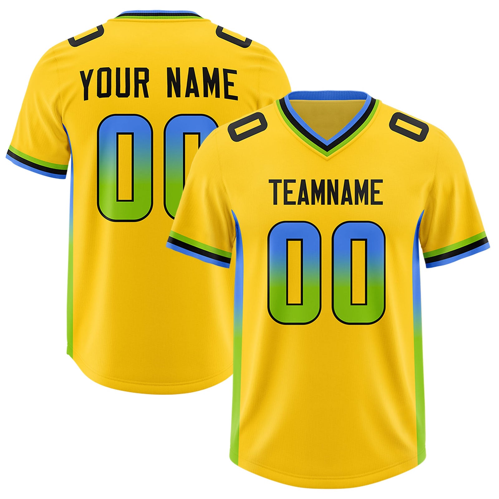 Custom Gold Powder Blue and Neon Green Sides Gradient Fashion Personalized Team Football Jersey