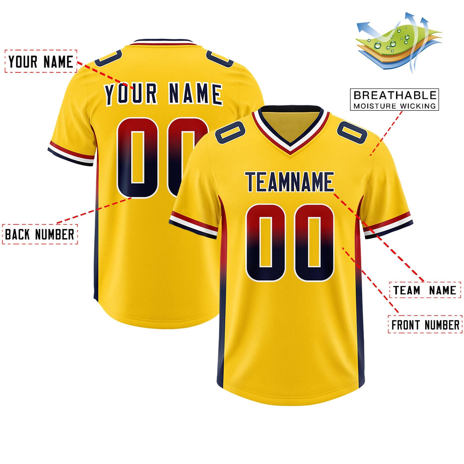 Custom Gold Red and Navy Sides Gradient Fashion Personalized Team Football Jersey