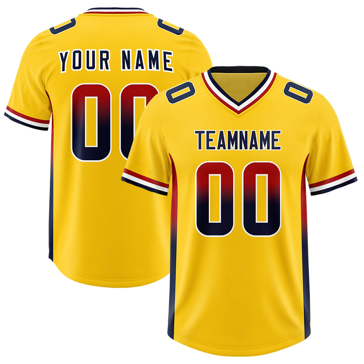 Custom Gold Red and Navy Sides Gradient Fashion Personalized Team Football Jersey