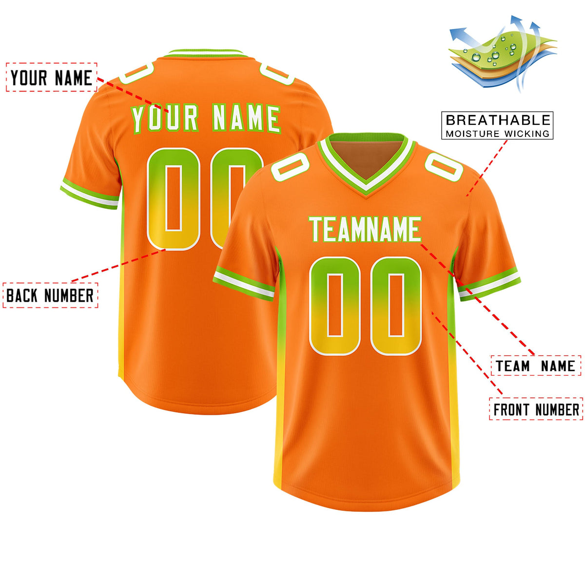 Custom Orange Neon Green and Gold Sides Gradient Fashion Personalized Team Football Jersey
