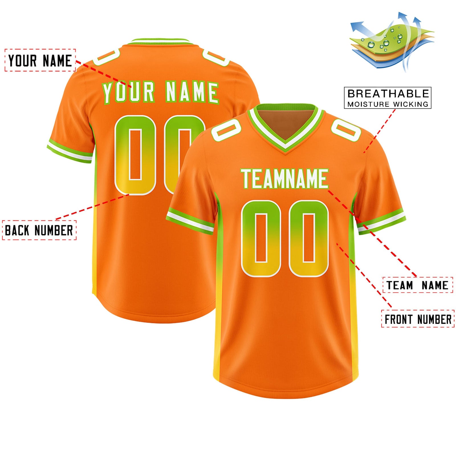 Custom Orange Neon Green and Gold Sides Gradient Fashion Personalized Team Football Jersey