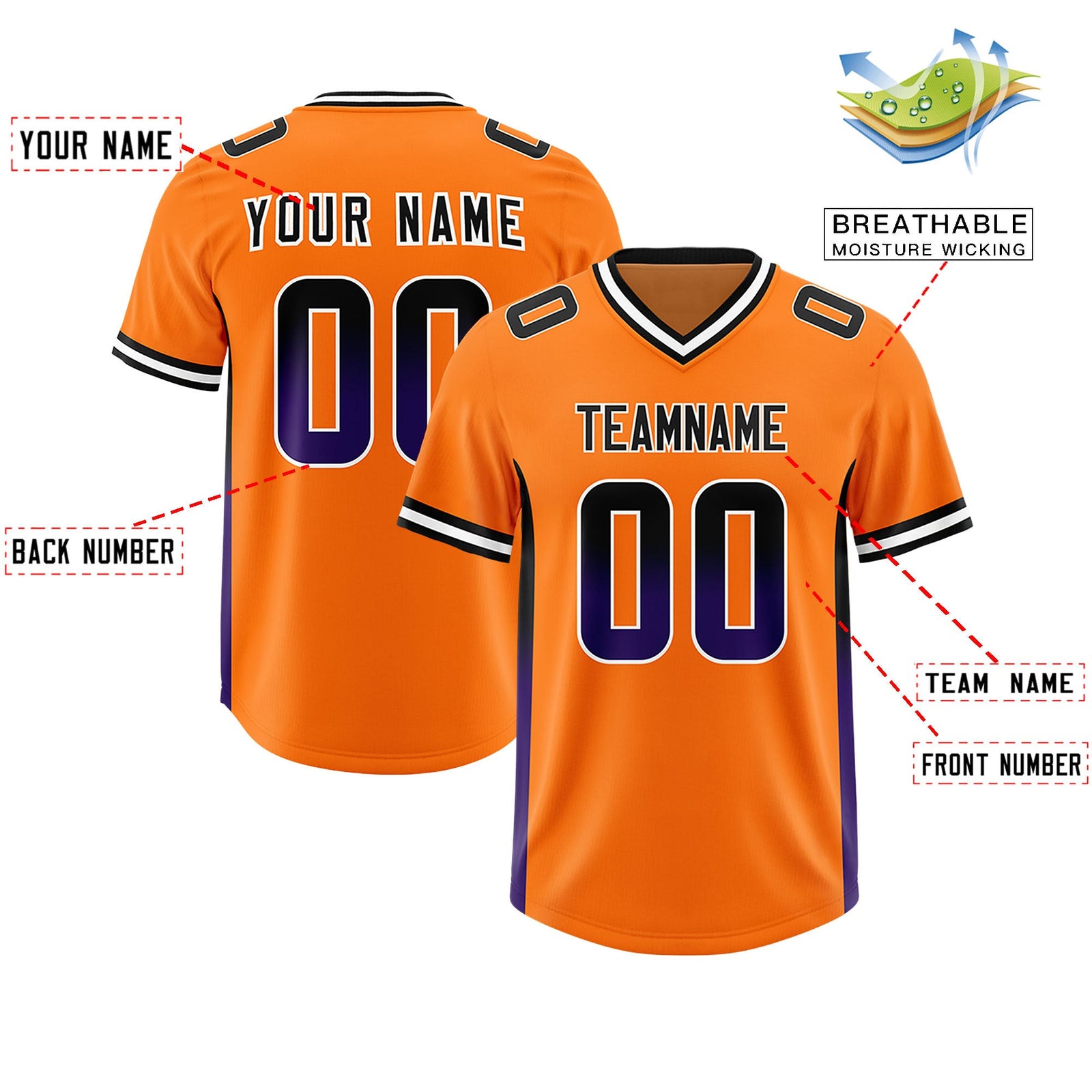 Custom Orange Black and Purple Sides Gradient Fashion Personalized Team Football Jersey