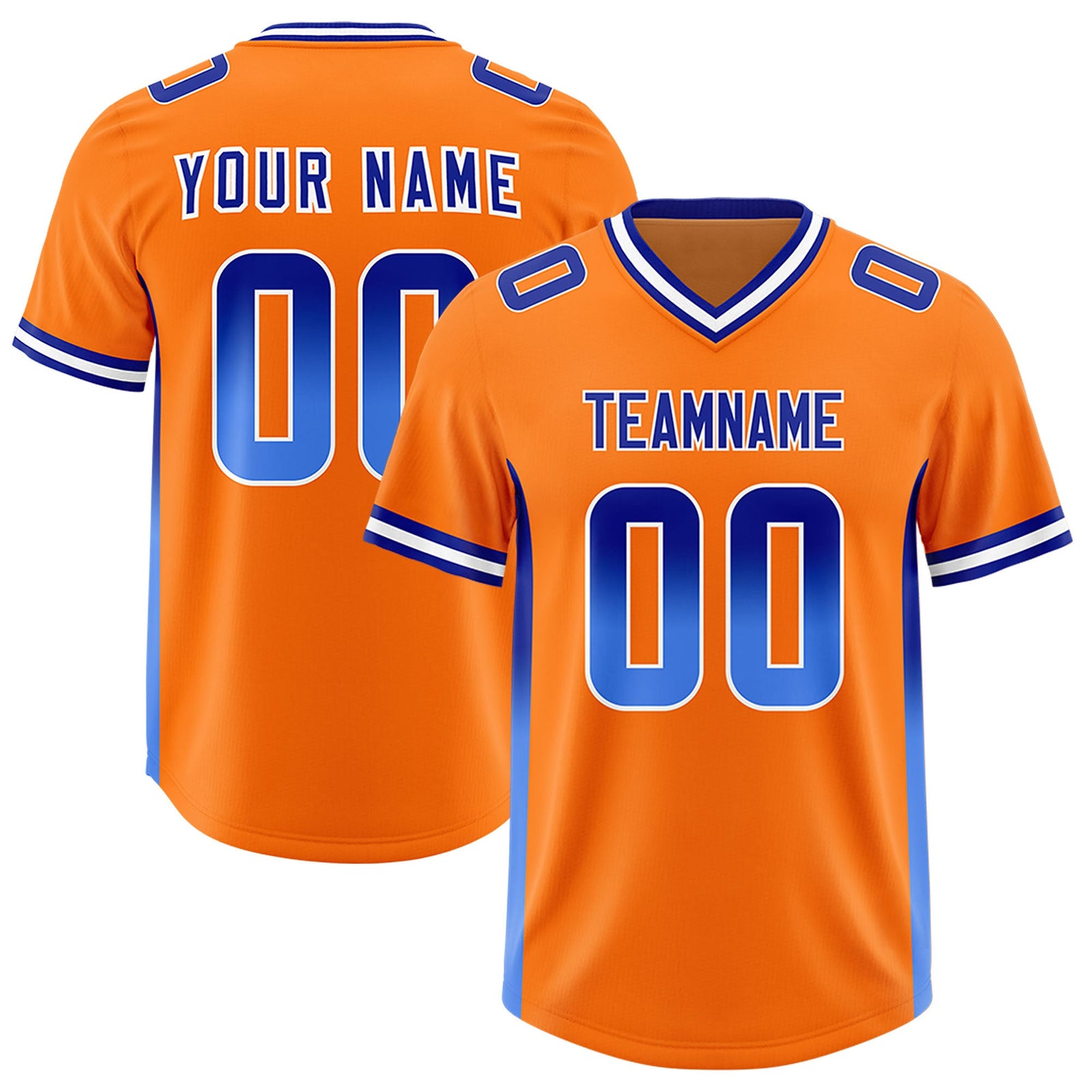 Custom Orange Royal and Powder Blue Sides Gradient Fashion Personalized Team Football Jersey