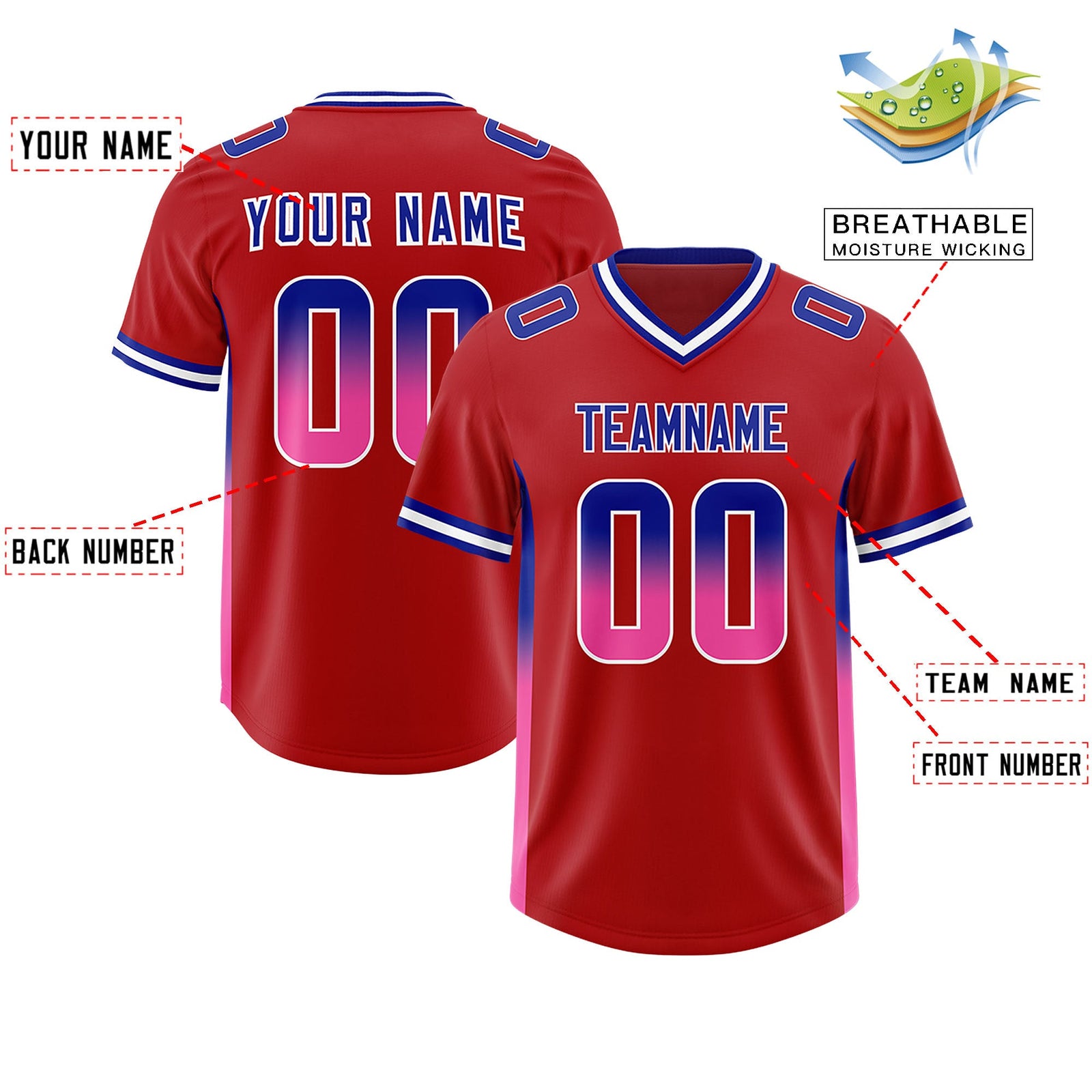 Custom Red Royal and Pink Sides Gradient Fashion Personalized Team Football Jersey