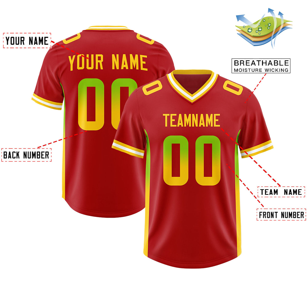 Custom Red Neon Green and Gold Sides Gradient Fashion Personalized Team Football Jersey