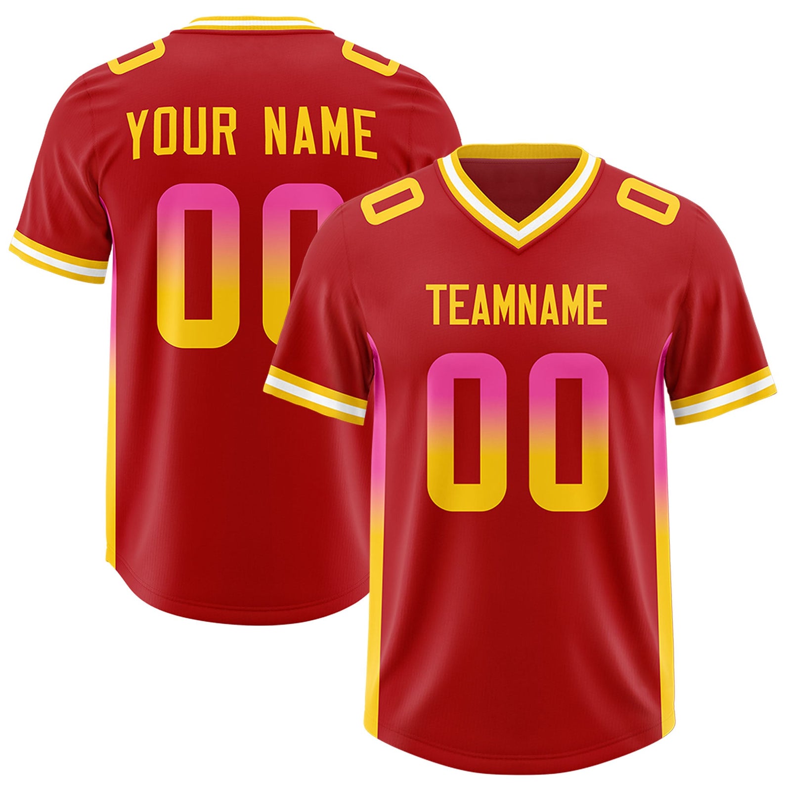 Custom Red Pink and Gold Sides Gradient Fashion Personalized Team Football Jersey