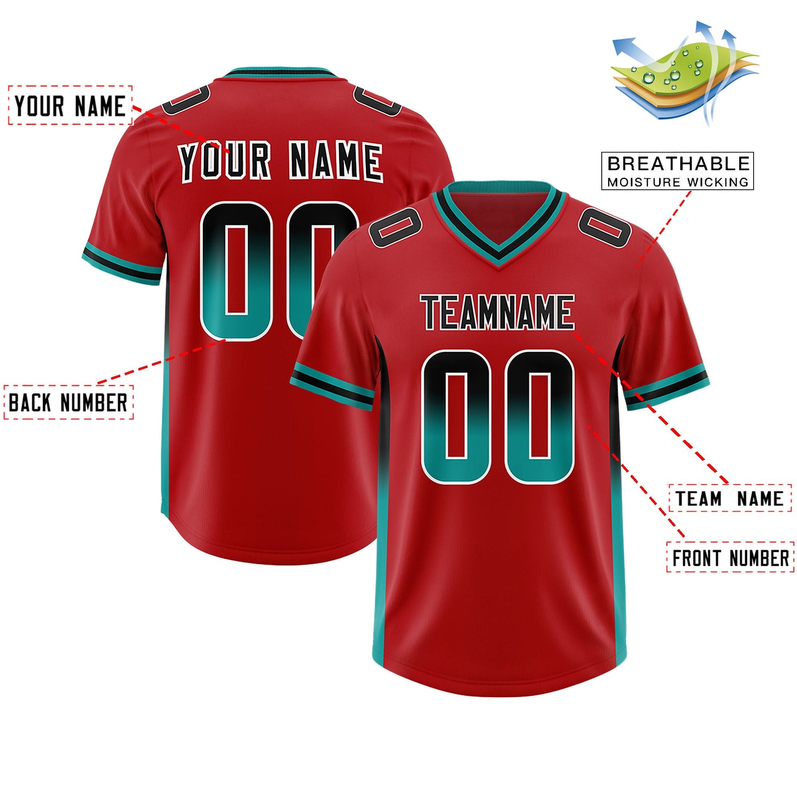 Custom Red Black and Aqua Sides Gradient Fashion Personalized Team Football Jersey