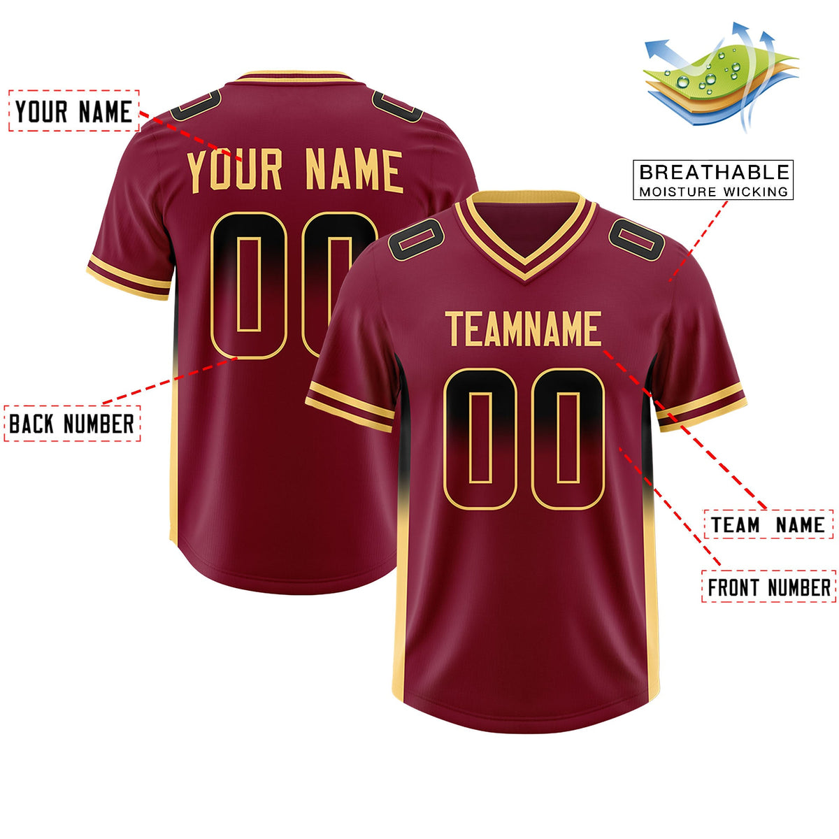 Custom Cardinal Black and Khaki Sides Gradient Fashion Personalized Team Football Jersey