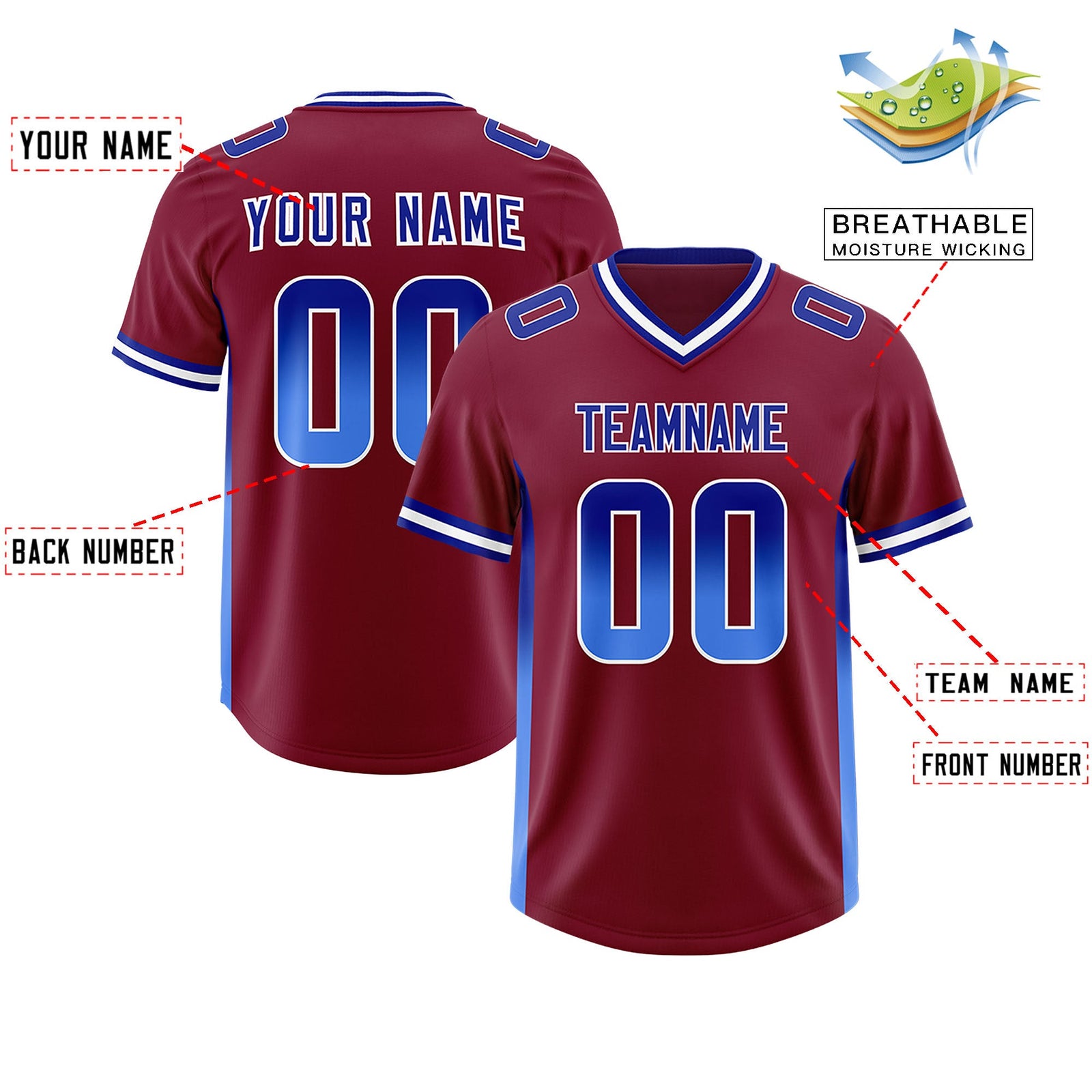 Custom Cardinal Royal and Powder Blue Sides Gradient Fashion Personalized Team Football Jersey