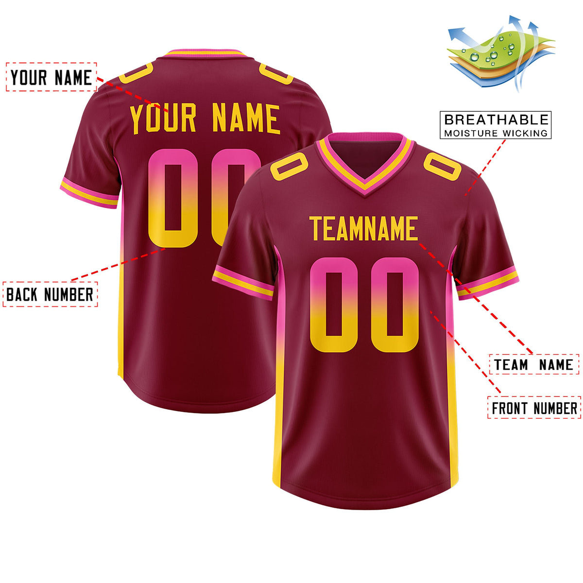 Custom Cardinal Pink and Gold Sides Gradient Fashion Personalized Team Football Jersey
