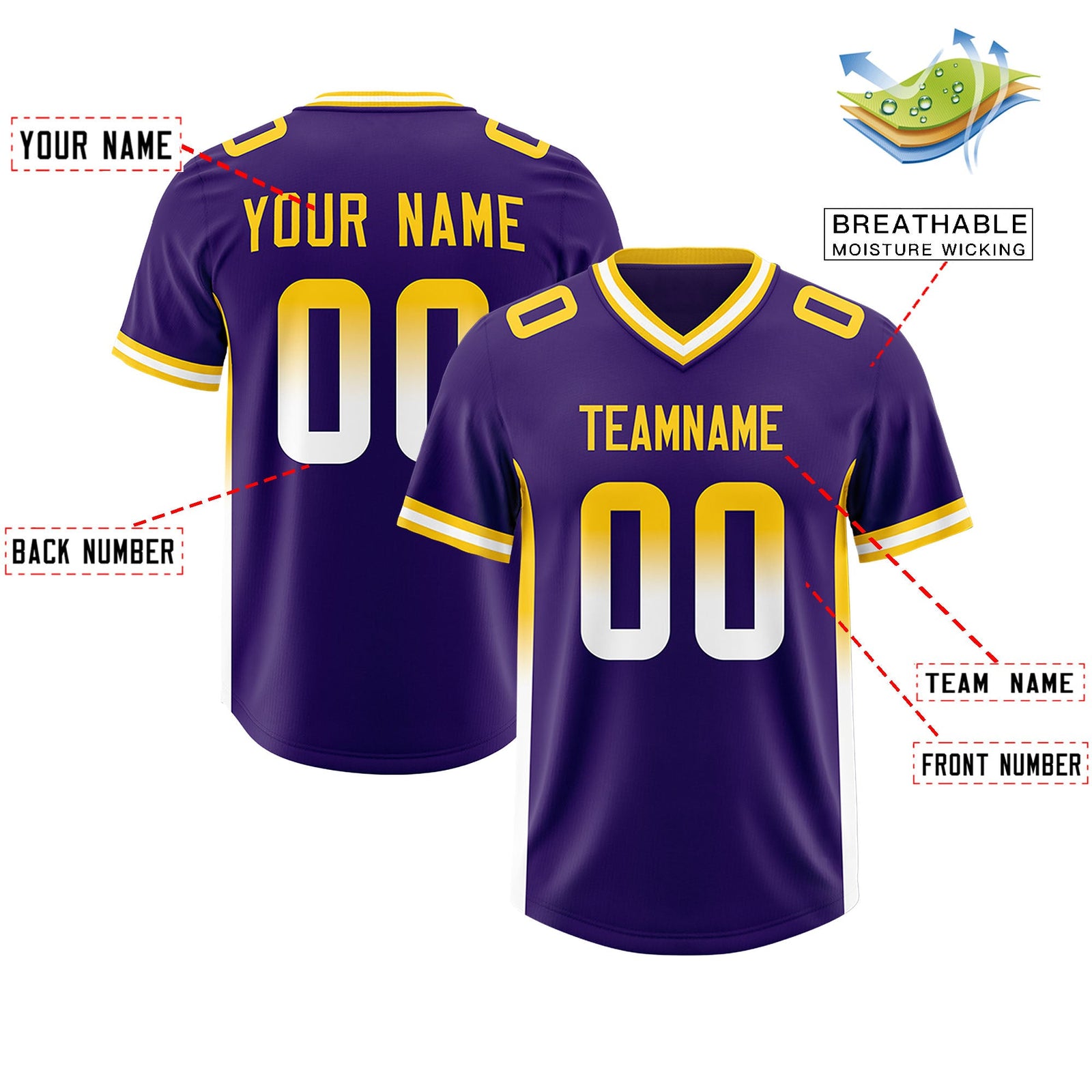 Custom Purple Gold Sides Gradient Fashion Personalized Team Football Jersey
