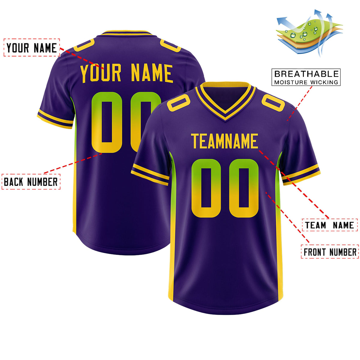 Custom Purple Neon Green and Gold Sides Gradient Fashion Personalized Team Football Jersey