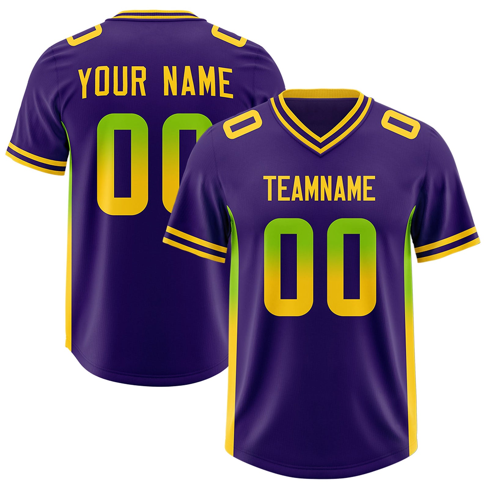 Custom Purple Neon Green and Gold Sides Gradient Fashion Personalized Team Football Jersey