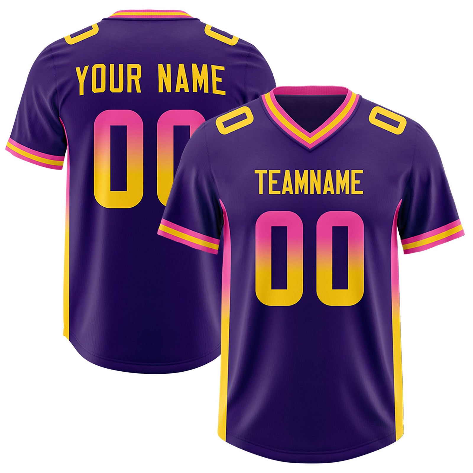 Custom Purple Pink and Gold Sides Gradient Fashion Personalized Team Football Jersey
