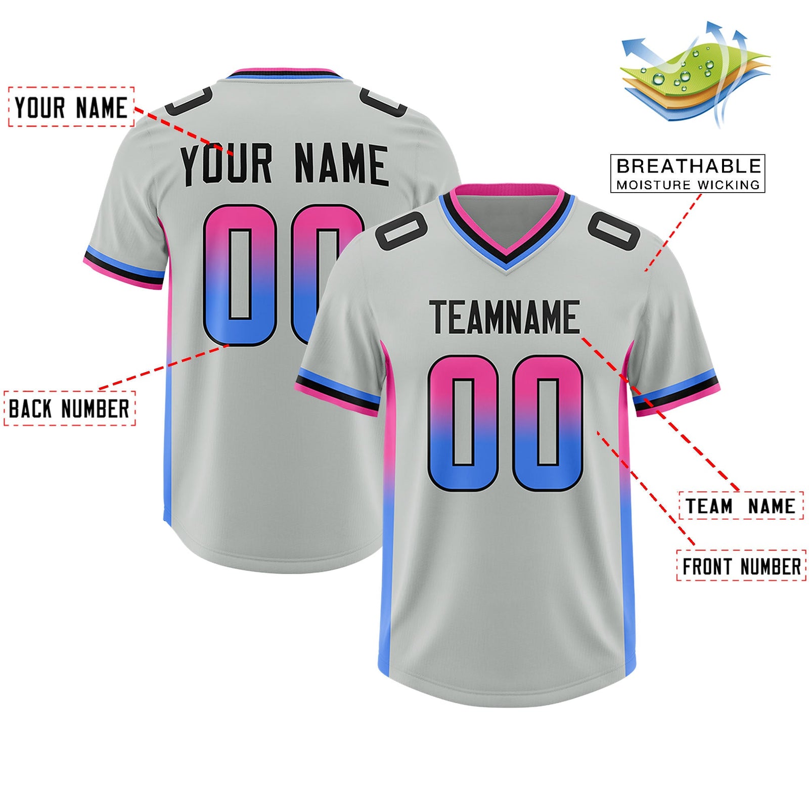Custom Gray Pink and Powder Blue Sides Gradient Fashion Personalized Team Football Jersey