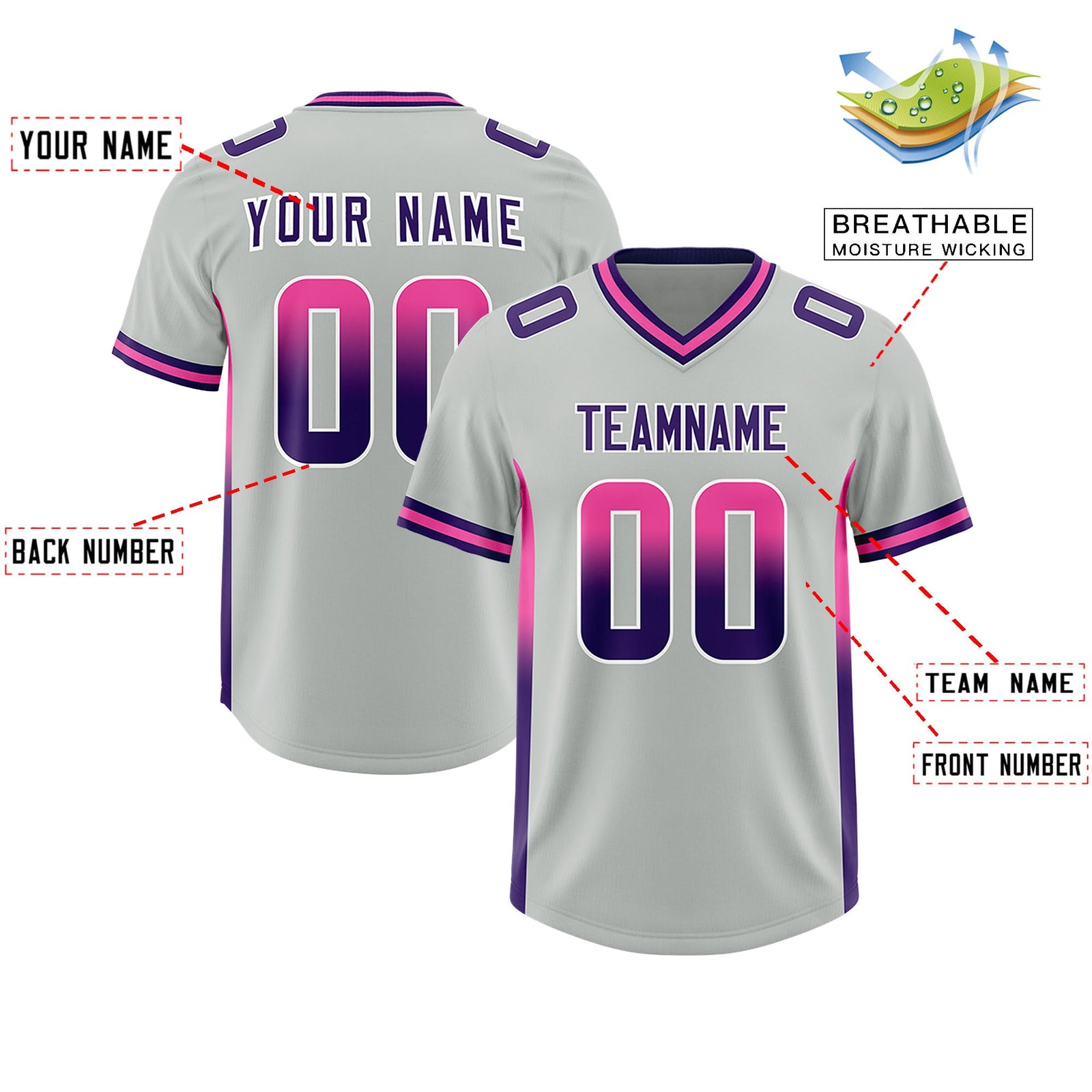 Custom Gray Pink and Purple Sides Gradient Fashion Personalized Team Football Jersey