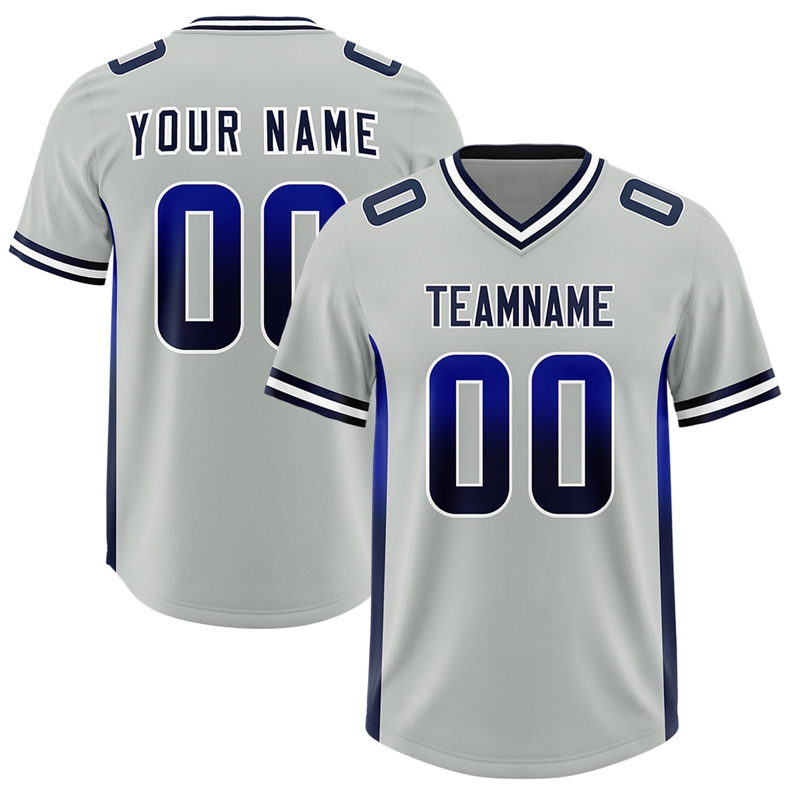 Custom Gray Royal and Navy Sides Gradient Fashion Personalized Team Football Jersey