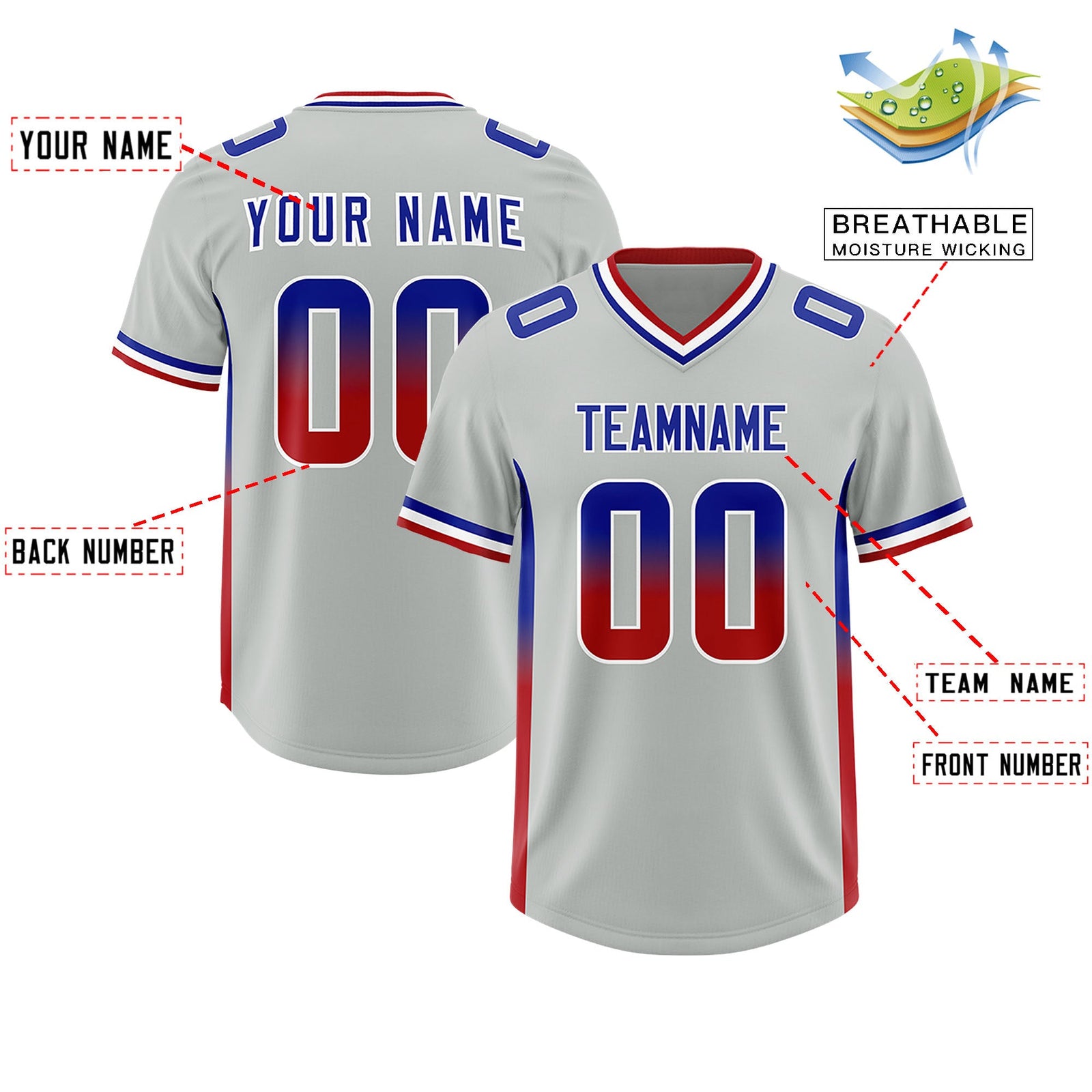 Custom Gray Royal and Red Sides Gradient Fashion Personalized Team Football Jersey