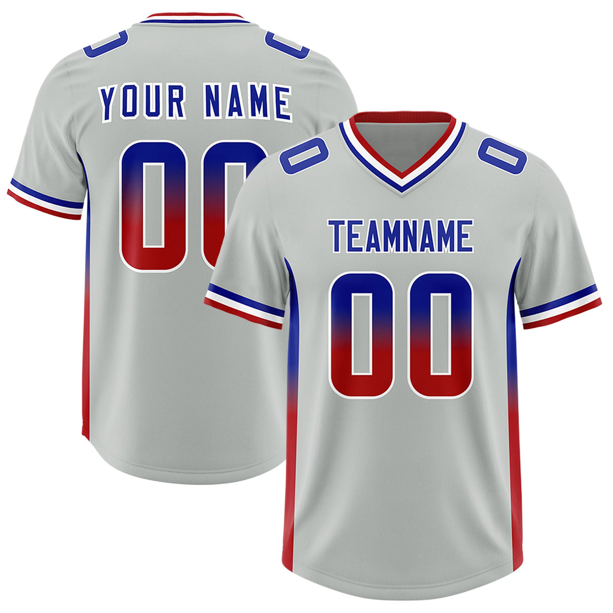 Custom Gray Royal and Red Sides Gradient Fashion Personalized Team Football Jersey