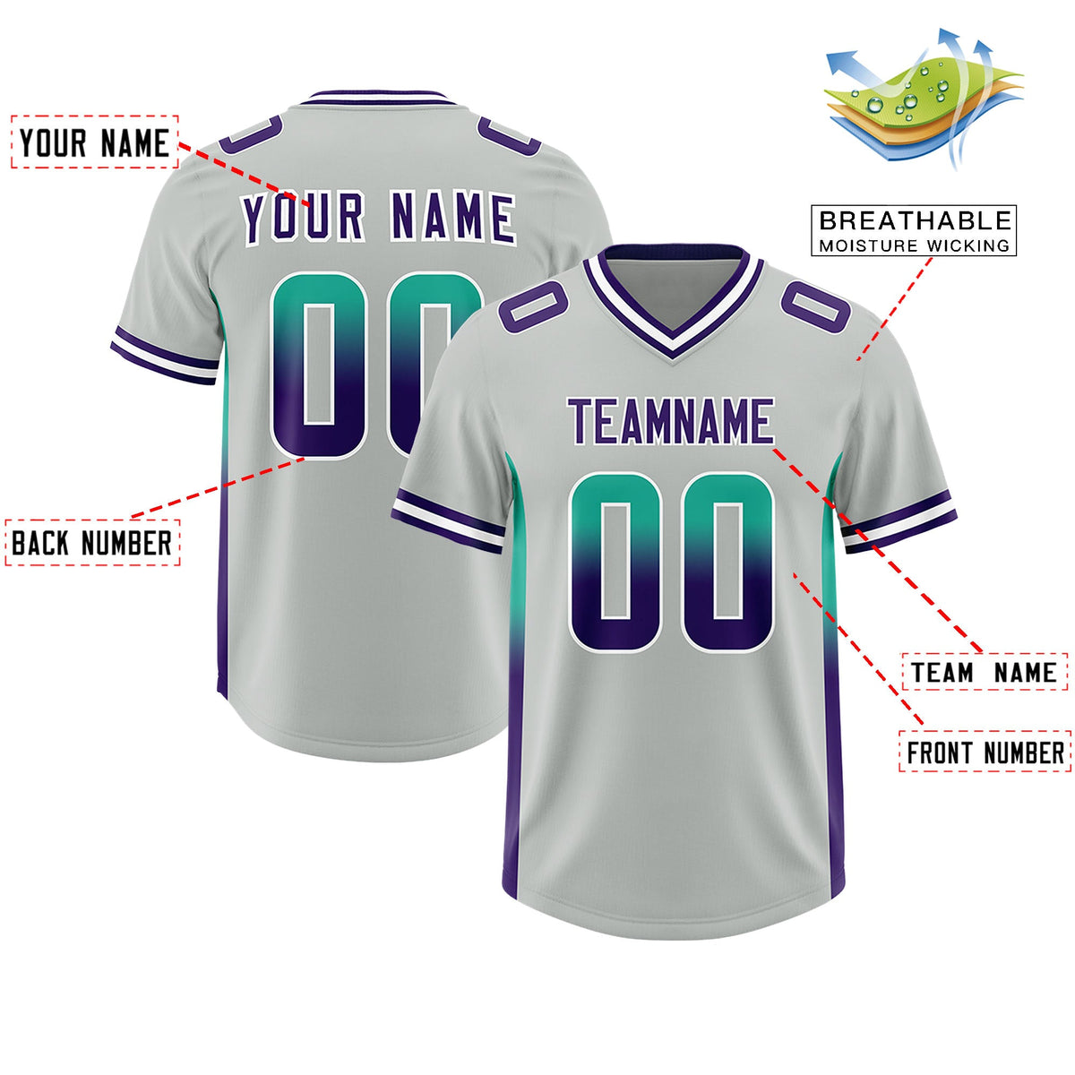 Custom Gray Bright Green and Purple Sides Gradient Fashion Personalized Team Football Jersey