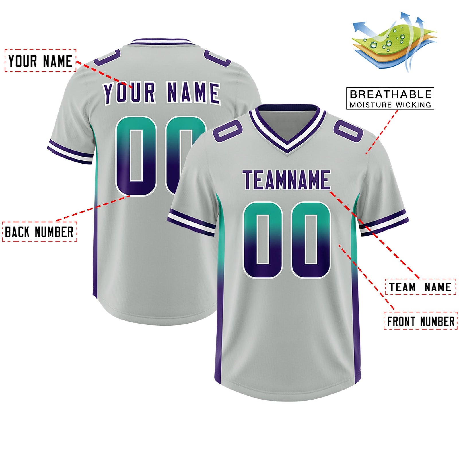 Custom Gray Bright Green and Purple Sides Gradient Fashion Personalized Team Football Jersey