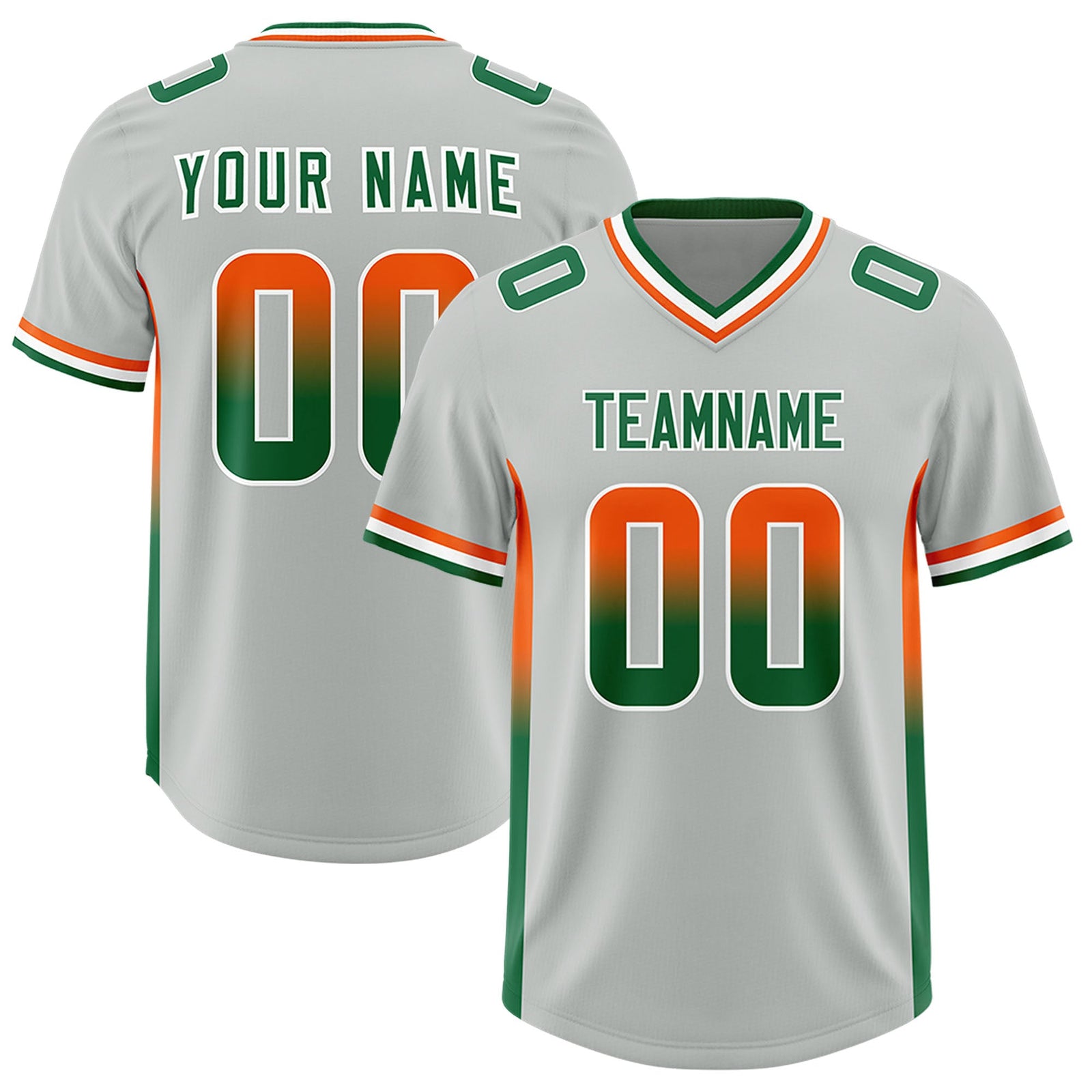 Custom Gray Orange and Kelly Green Sides Gradient Fashion Personalized Team Football Jersey