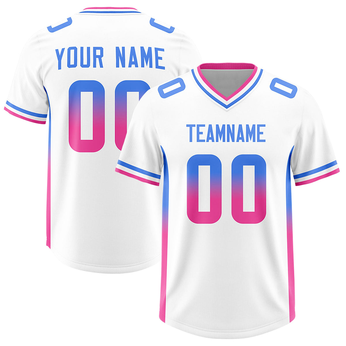 Custom White Powder Blue and Pink Sides Gradient Fashion Personalized Team Football Jersey