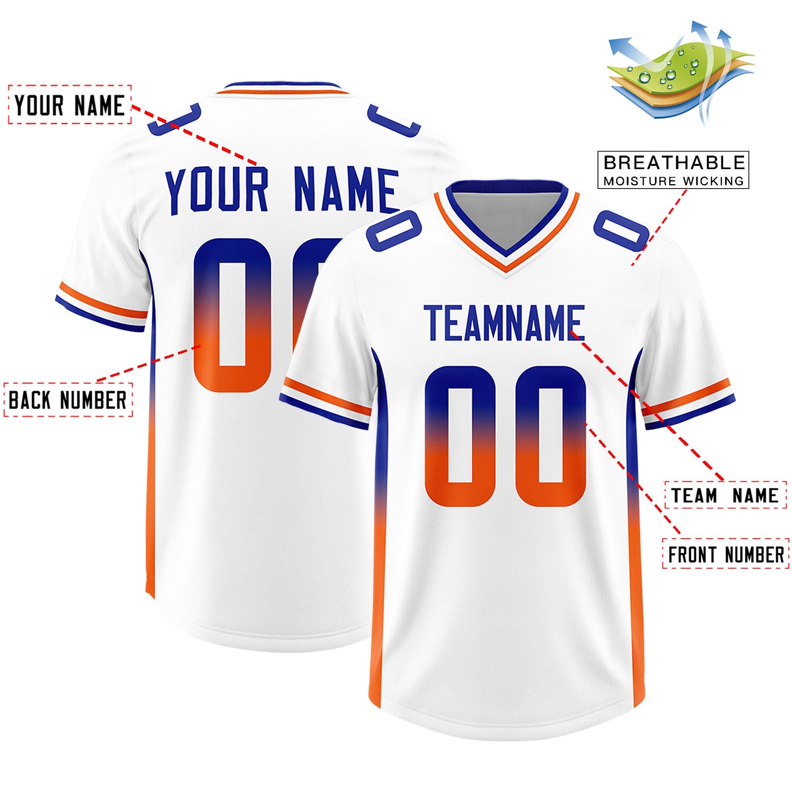 Custom White Royal and Orange Sides Gradient Fashion Personalized Team Football Jersey