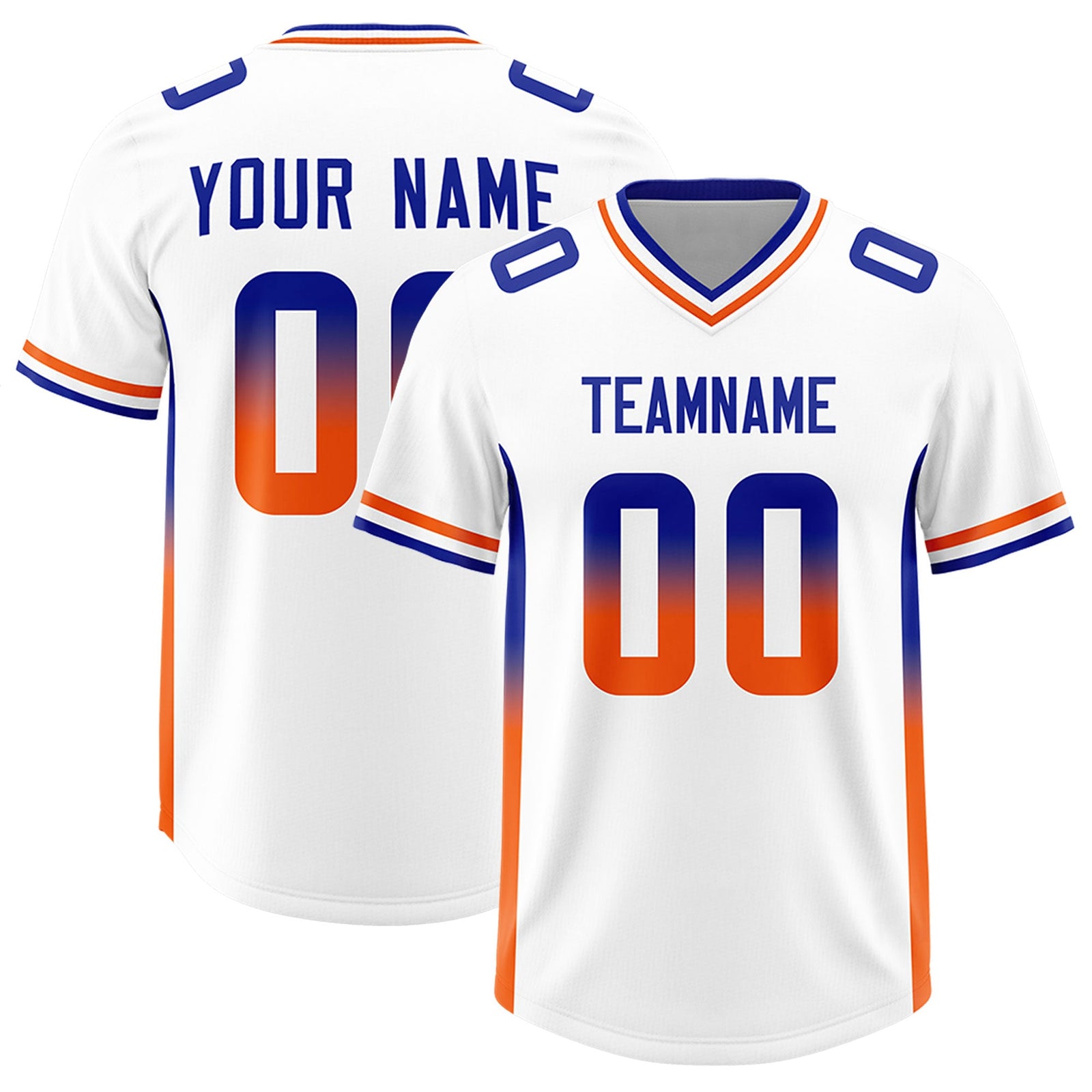 Custom White Royal and Orange Sides Gradient Fashion Personalized Team Football Jersey