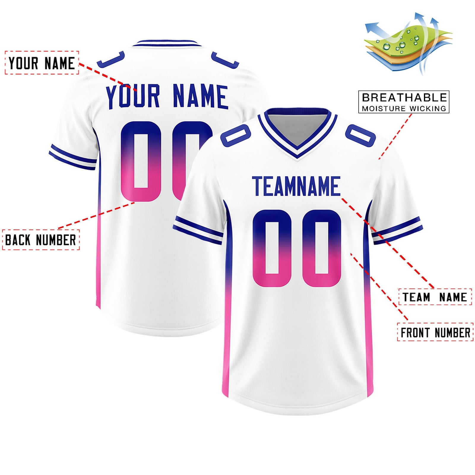 Custom White Royal and Pink Sides Gradient Fashion Personalized Team Football Jersey