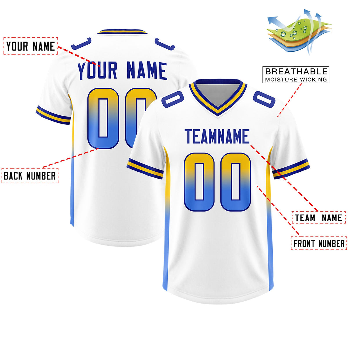 Custom White Gold Sides Gradient Fashion Personalized Team Football Jersey