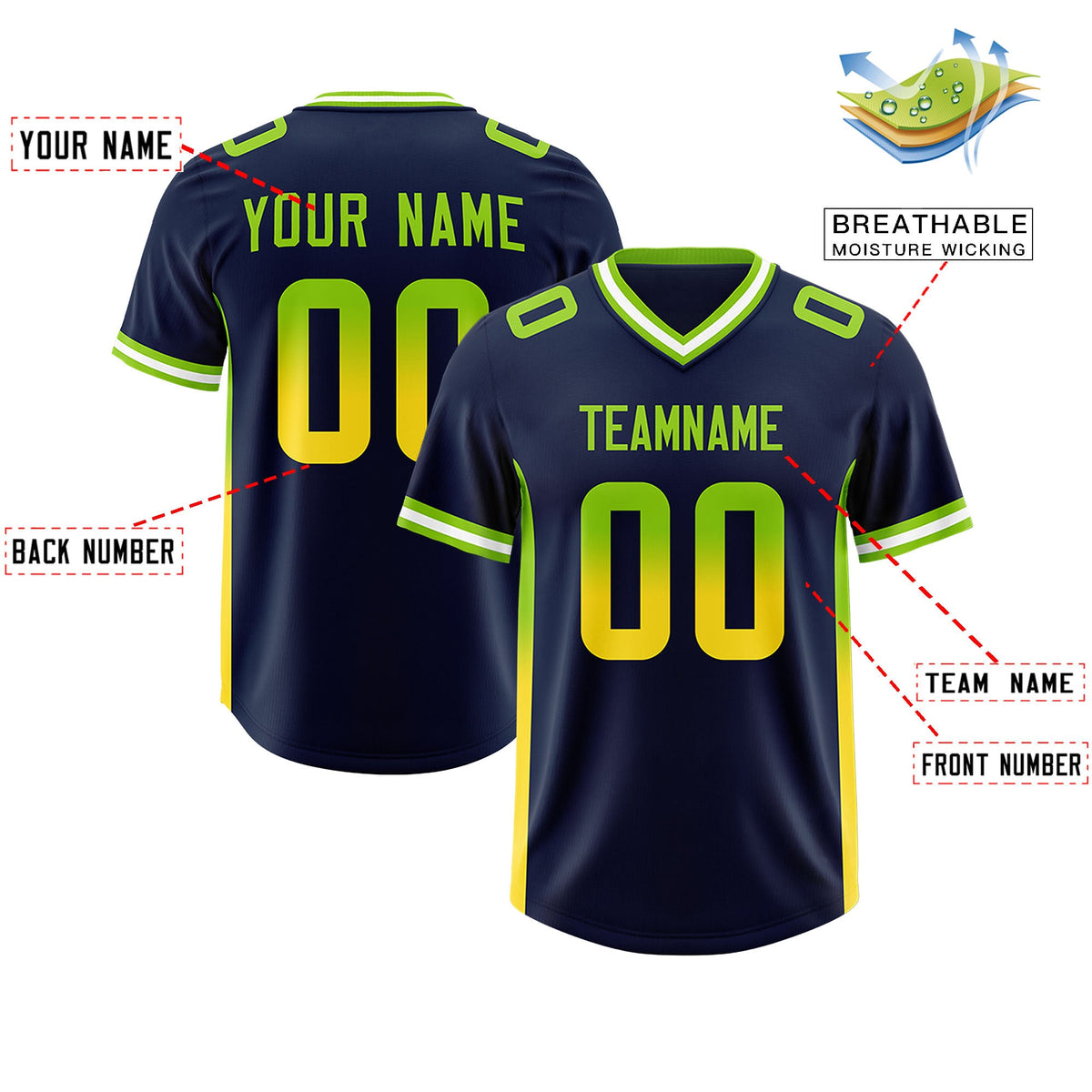 Custom Navy Neon Green and Gold Sides Gradient Fashion Personalized Team Football Jersey