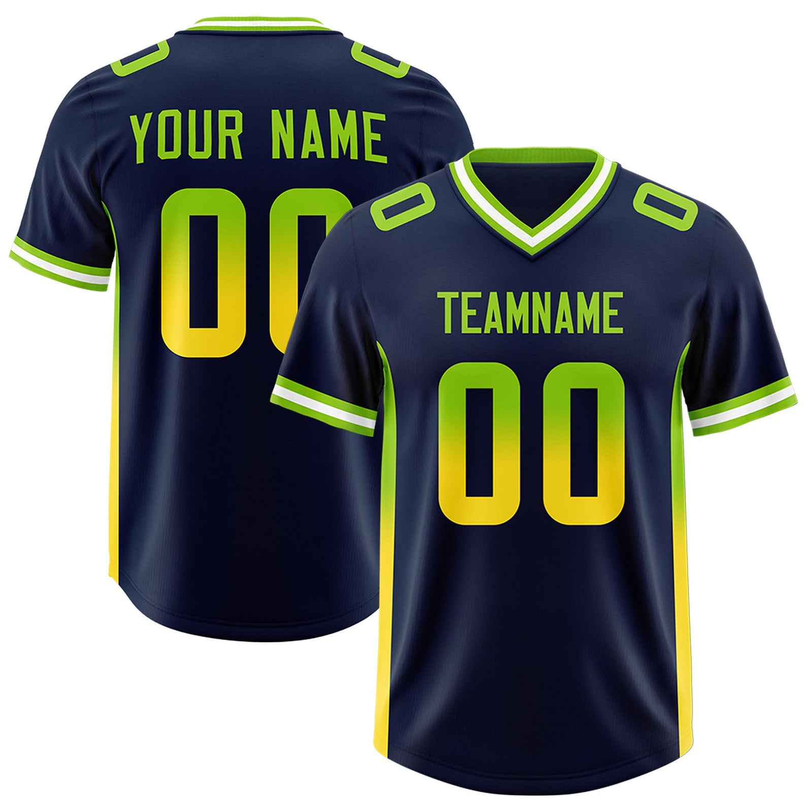 Custom Navy Neon Green and Gold Sides Gradient Fashion Personalized Team Football Jersey