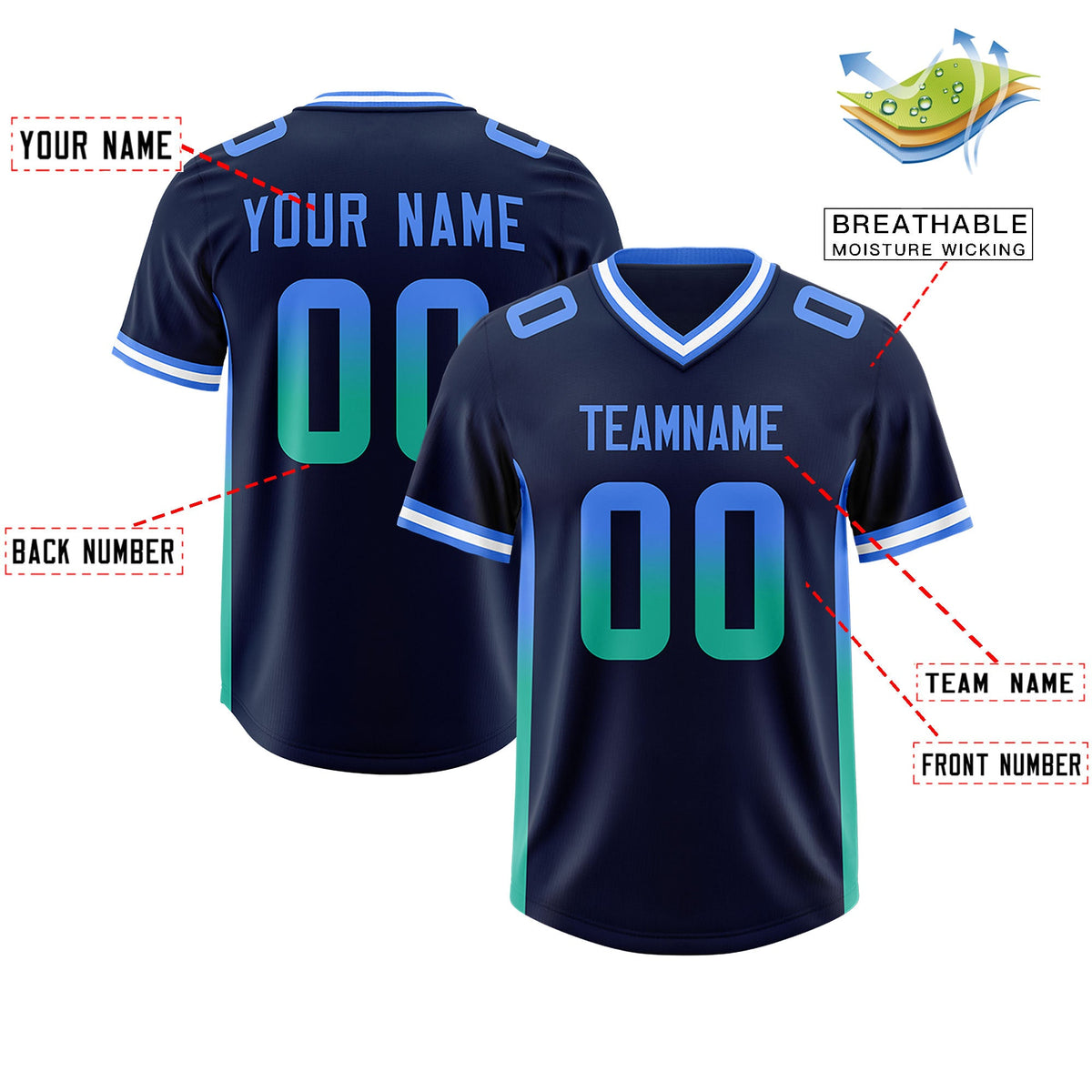 Custom Navy Powder Blue and Bright Green Sides Gradient Fashion Personalized Team Football Jersey