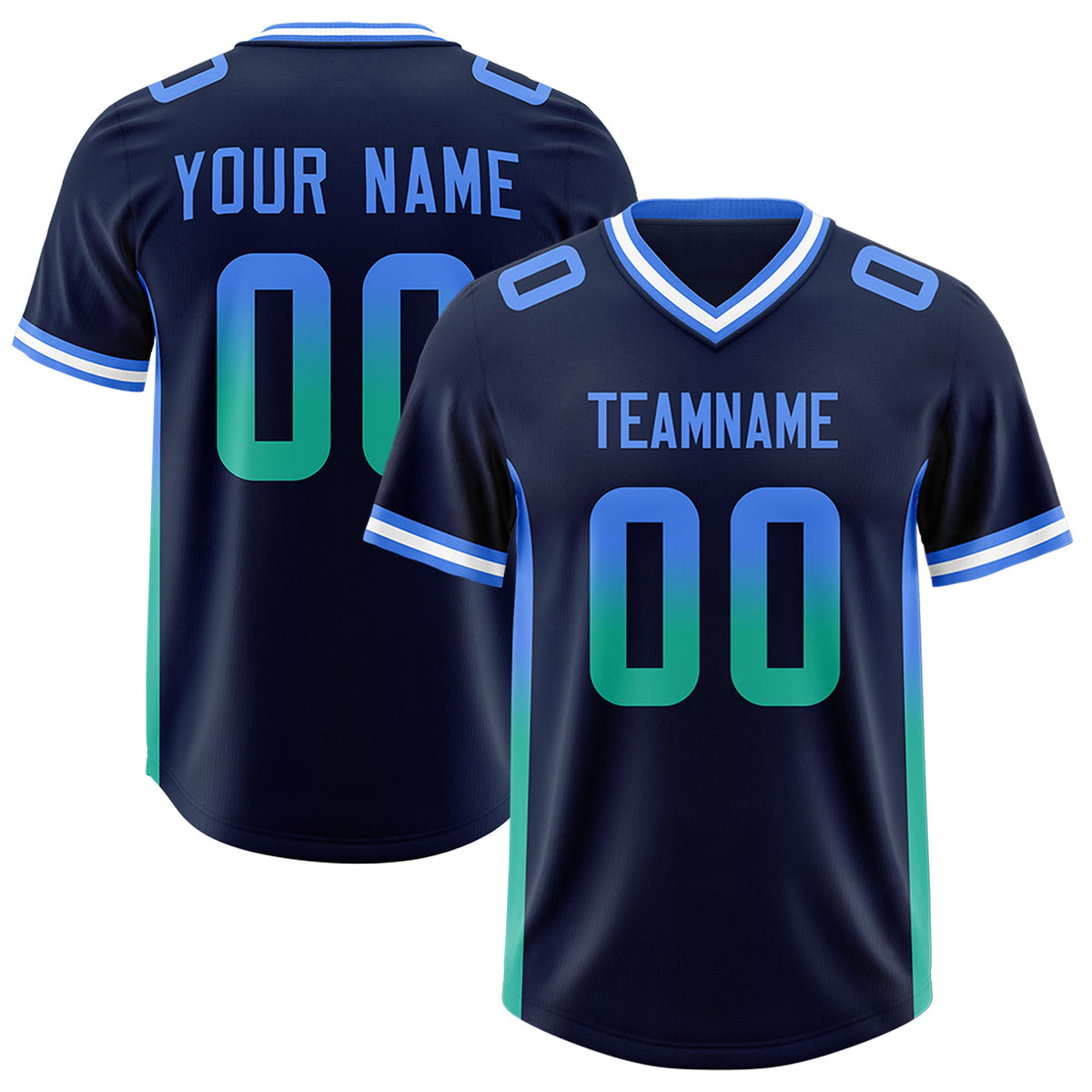 Custom Navy Powder Blue and Bright Green Sides Gradient Fashion Personalized Team Football Jersey