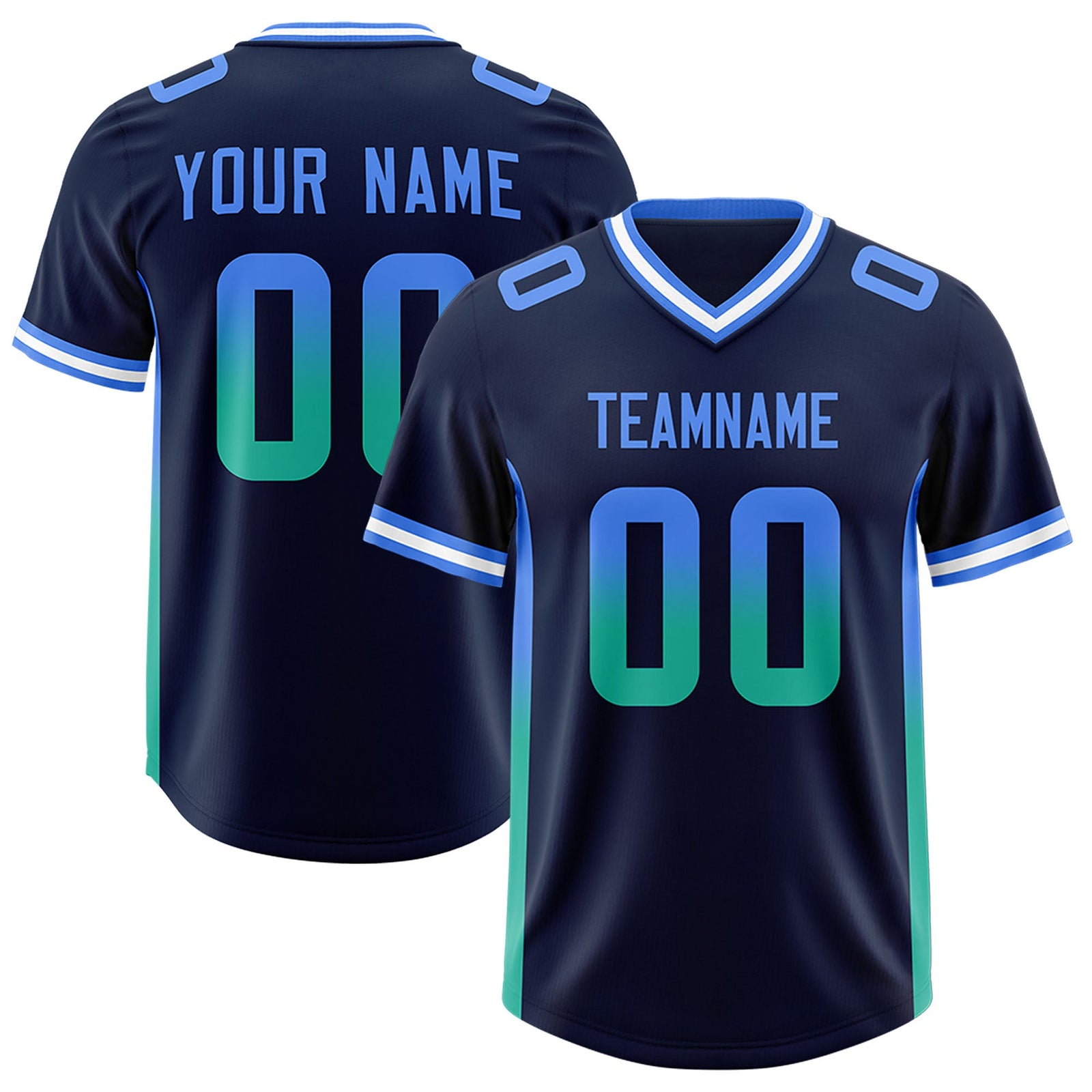 Custom Navy Powder Blue and Bright Green Sides Gradient Fashion Personalized Team Football Jersey