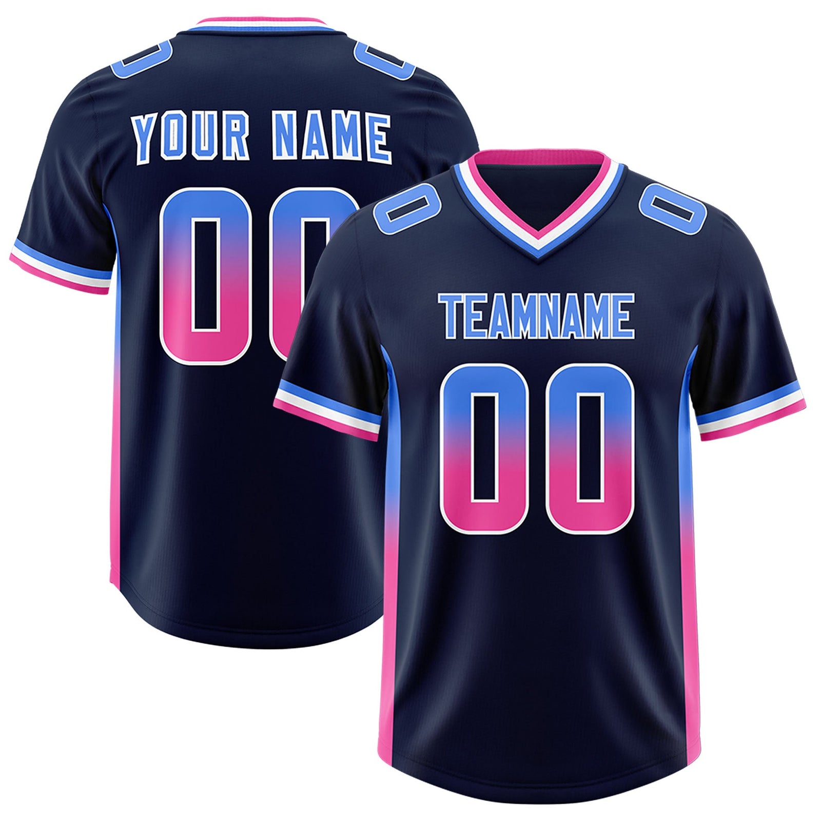 Custom Navy Powder Blue and Pink Sides Gradient Fashion Personalized Team Football Jersey