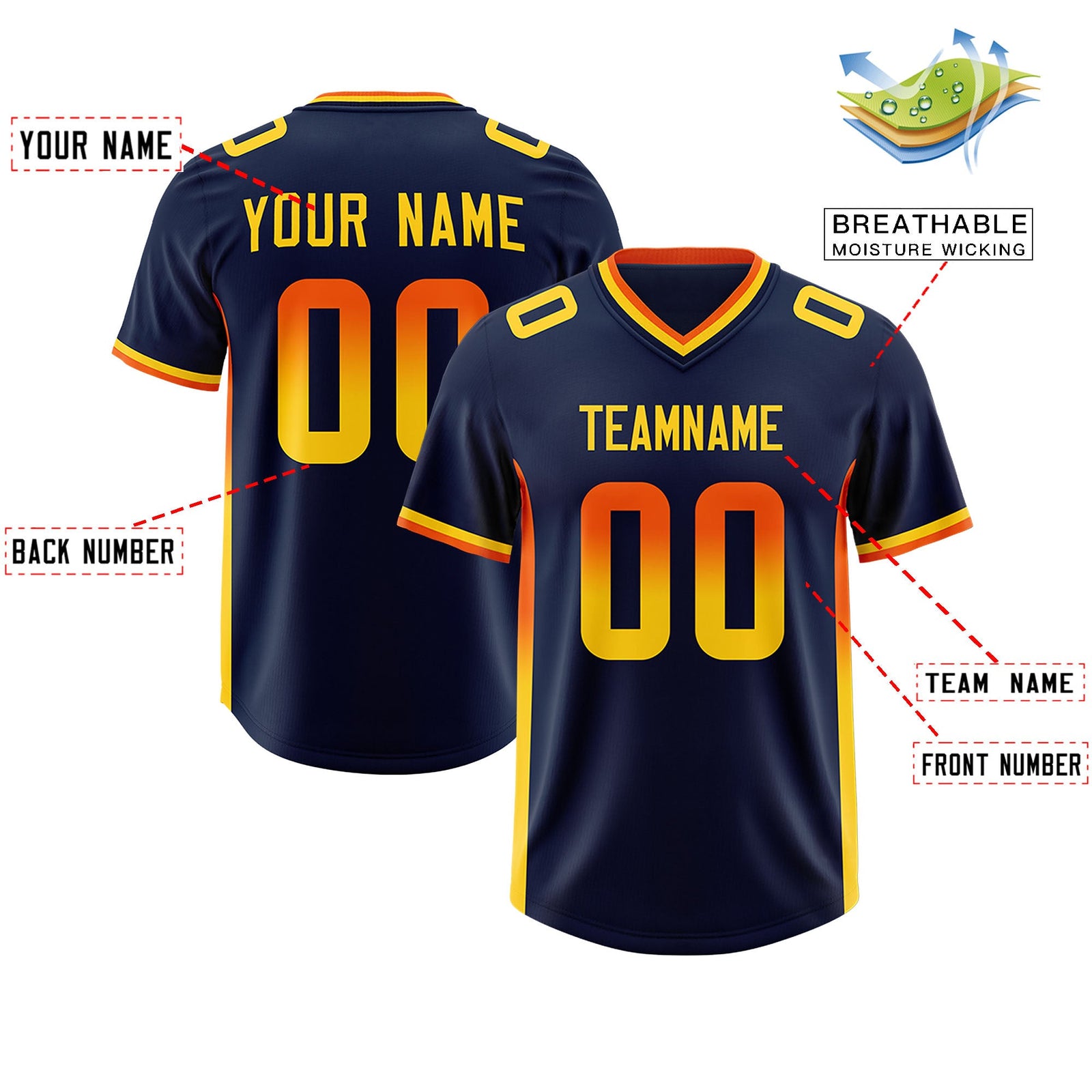 Custom Navy Orange and Gold Sides Gradient Fashion Personalized Team Football Jersey