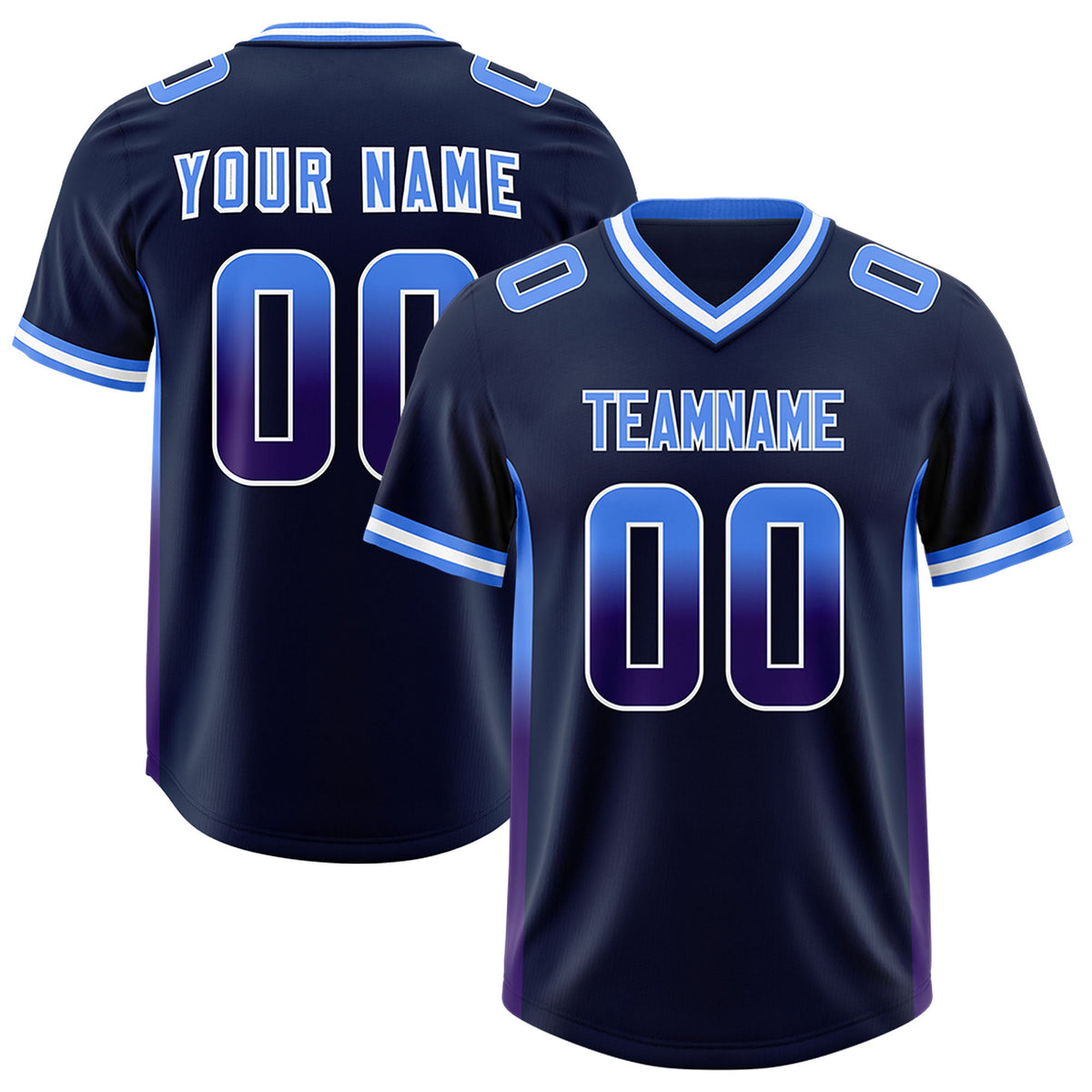 Custom Navy Powder Blue and Purple Sides Gradient Fashion Personalized Team Football Jersey
