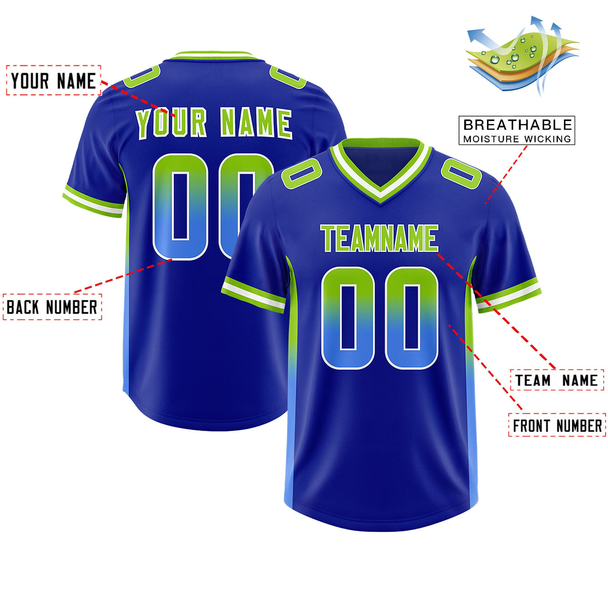 Custom Royal Neon Green and Powder Blue Sides Gradient Fashion Personalized Team Football Jersey