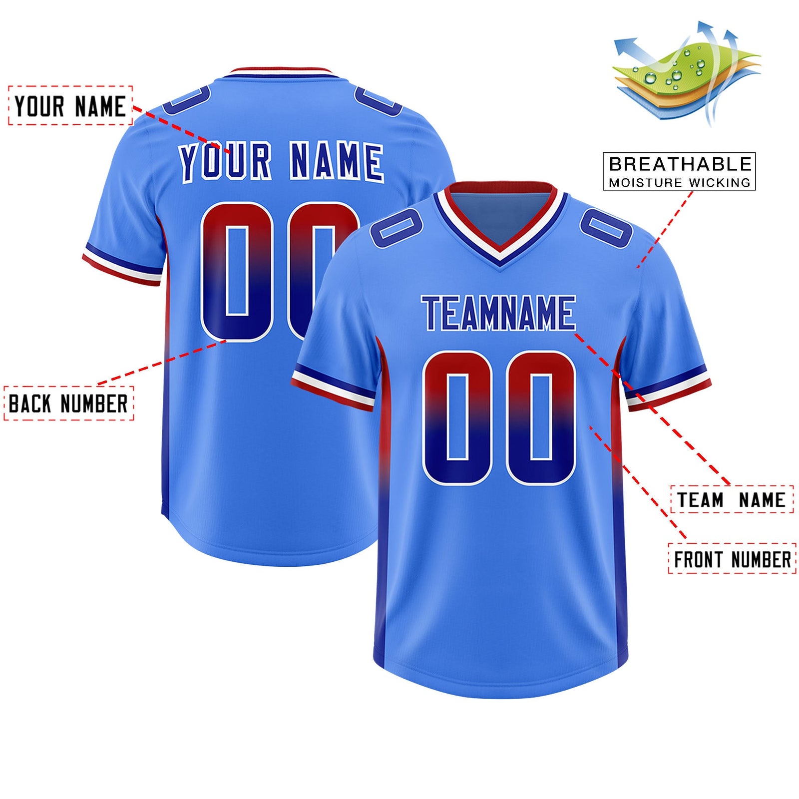 Custom Powder Blue Red and Royal Sides Gradient Fashion Personalized Team Football Jersey