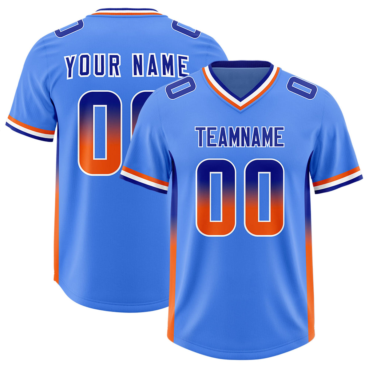 Custom Powder Blue Royal and Orange Sides Gradient Fashion Personalized Team Football Jersey